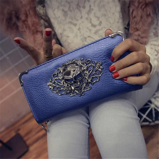 2016 Hot Fashion Metal Skull Pattern PU Leather Long Wallets Women Wallets Portable Casual Lady Cash Purse Card Holder Gift