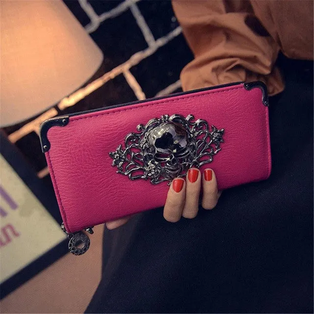 2016 Hot Fashion Metal Skull Pattern PU Leather Long Wallets Women Wallets Portable Casual Lady Cash Purse Card Holder Gift