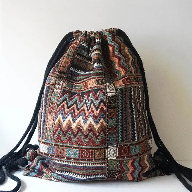 2017 Women Vintage Backpack Female Gypsy Bohemian Boho Chic Aztec Folk Tribal Ethnic Fabric Brown String Drawstring Backpack Bag