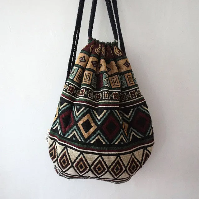 2017 Women Vintage Backpack Female Gypsy Bohemian Boho Chic Aztec Folk Tribal Ethnic Fabric Brown String Drawstring Backpack Bag