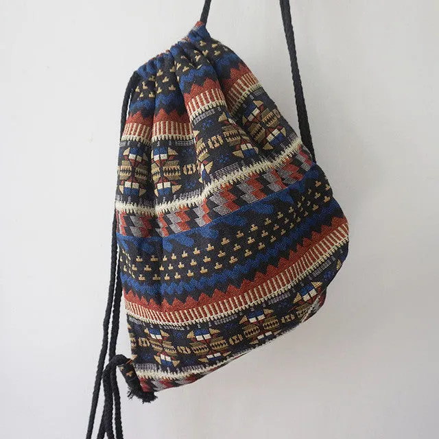 2017 Women Vintage Backpack Female Gypsy Bohemian Boho Chic Aztec Folk Tribal Ethnic Fabric Brown String Drawstring Backpack Bag