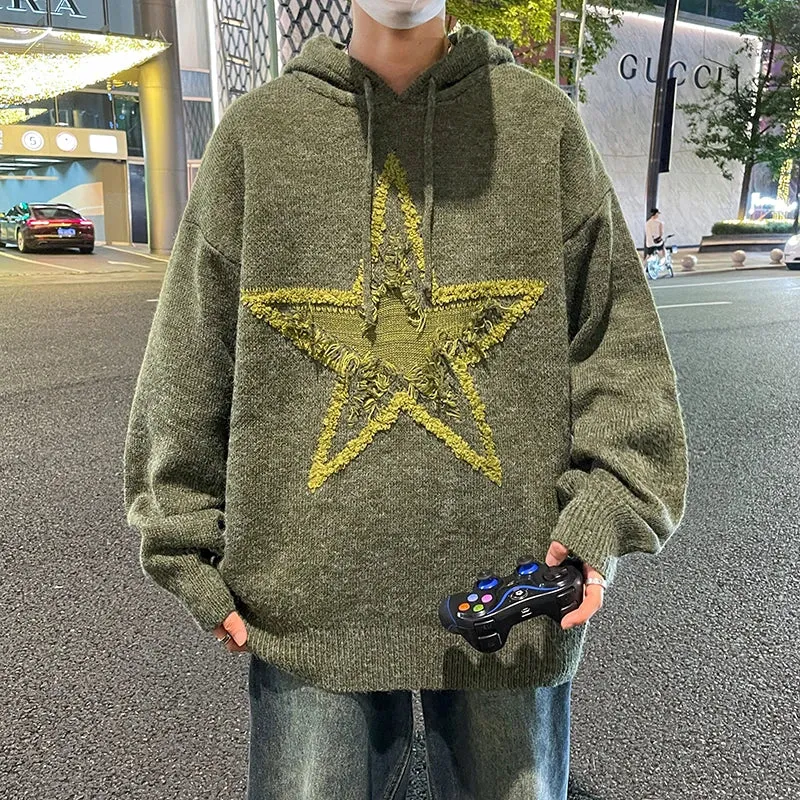 Advbridge -  Harajuku Sweaters Men Winter Casual Regular Fit Hooded Sweaters Men Pullovers Knitted Five-pointed Star Men Fashion 2023 B141