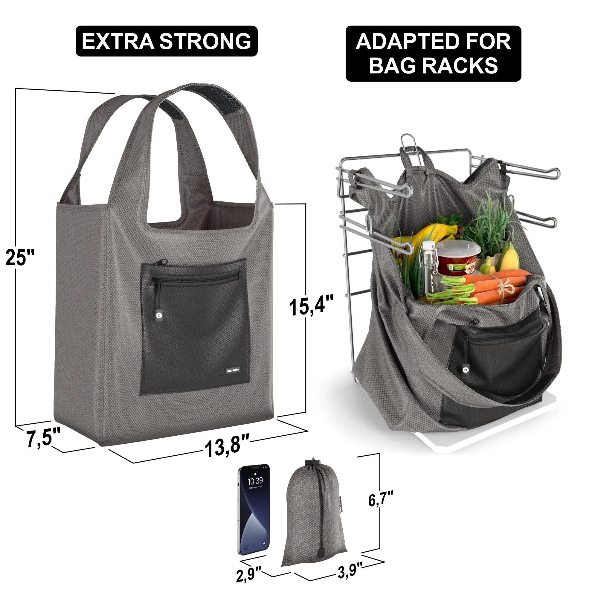 Bag Factor Premium Reusable Grocery Bag Foldable Heavy Duty - Reusable Shopping Bag for Men and Women – Grocery Tote Bag (Gray)