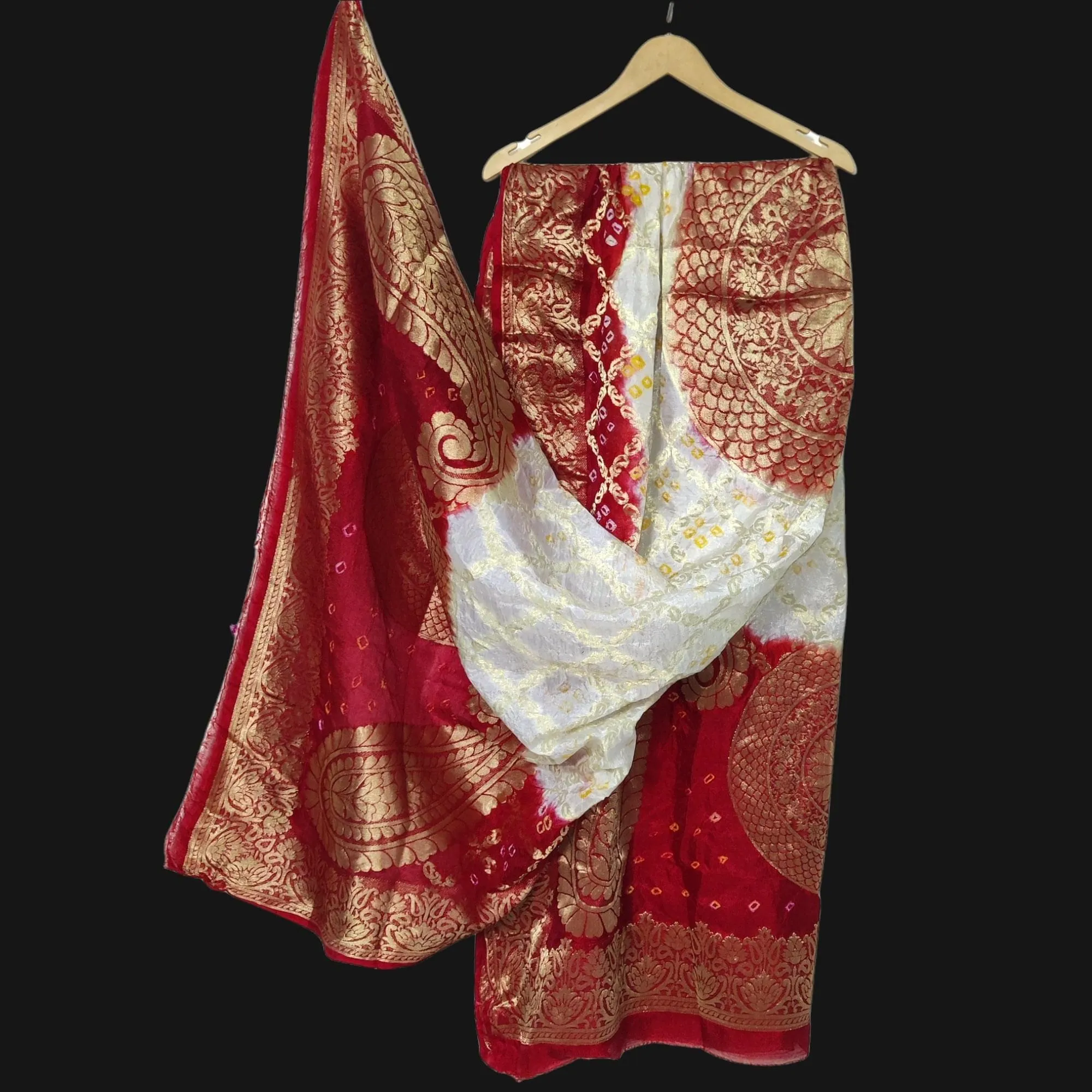 Banarasi Bandhej Gharchola Kerry Chand Dupatta, OR, KC White Red Panetar