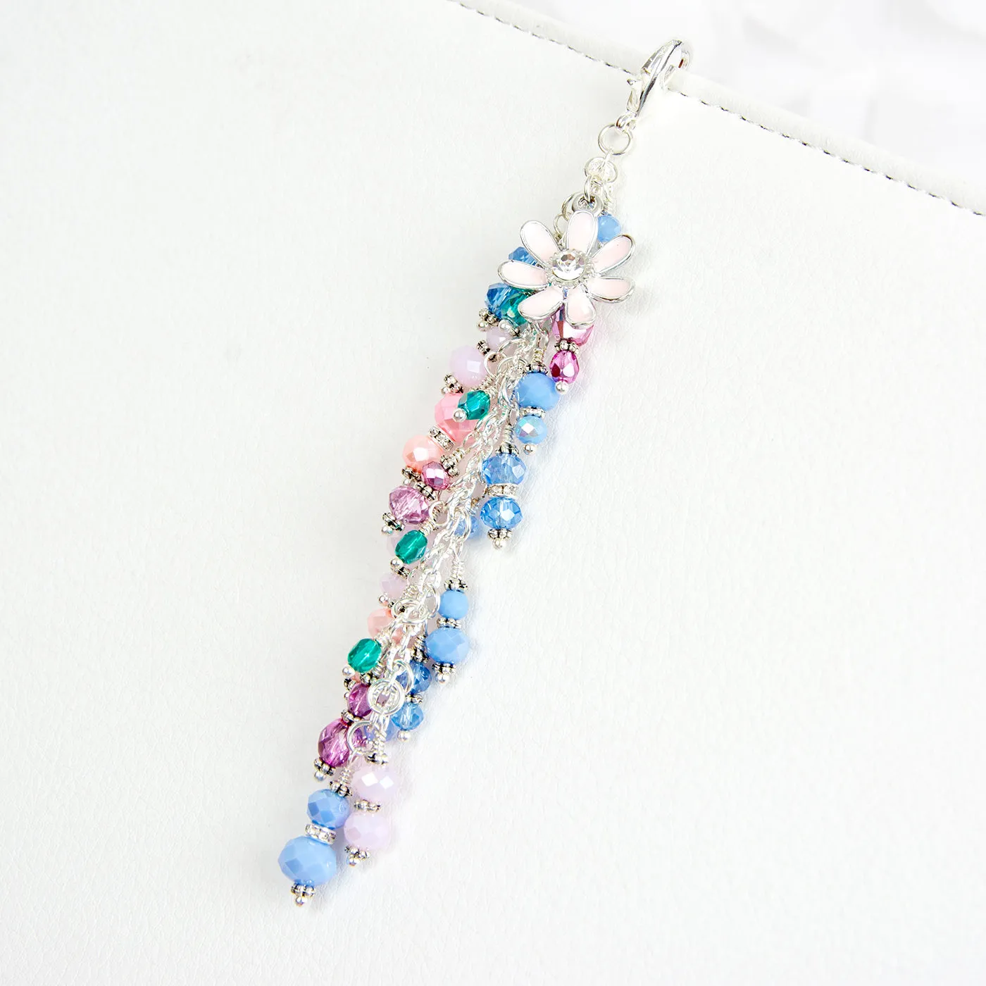 Blush Pink Flower Charm with Pink, Blue and Teal Crystal Dangle