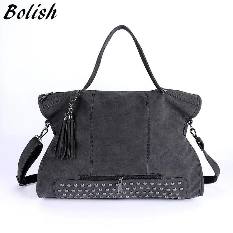 Bolish Rivet Nubuck Leather women bag Fashion Tassel Messenger Bag Vintage Shoulder Bag Larger Top-Handle Bags  Mummy Package