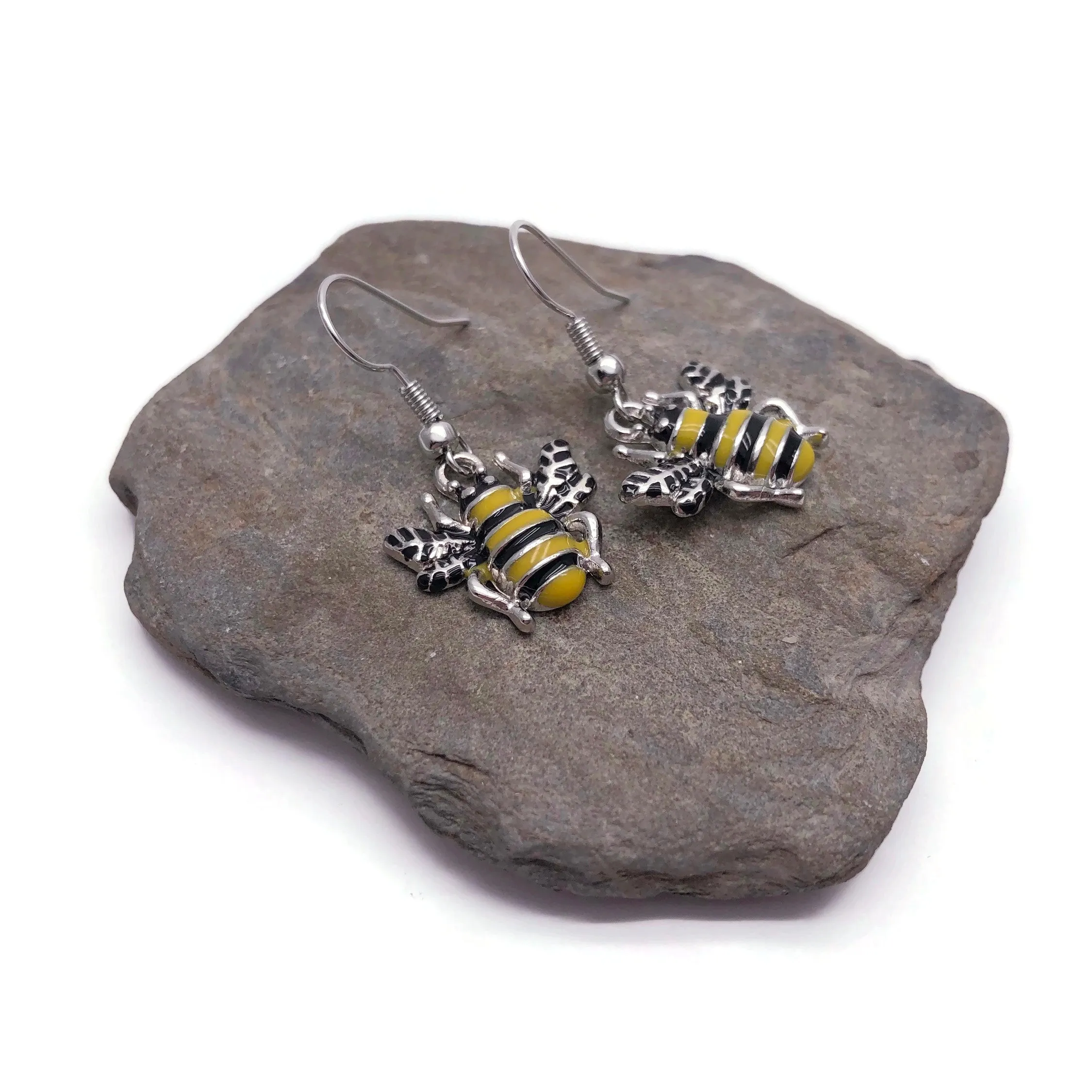 Bumble Bee Enamel Charm Silver Plated Earrings