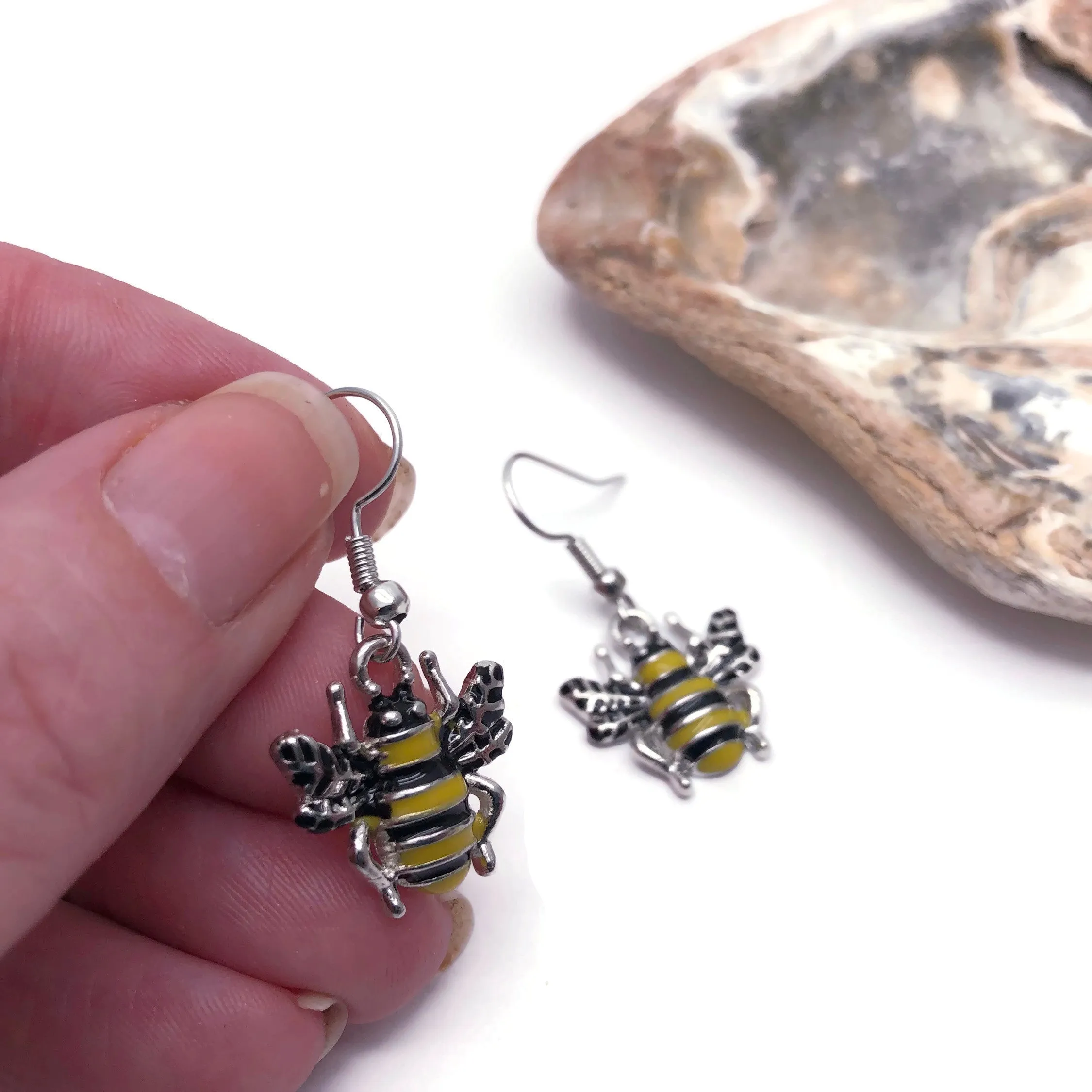 Bumble Bee Enamel Charm Silver Plated Earrings