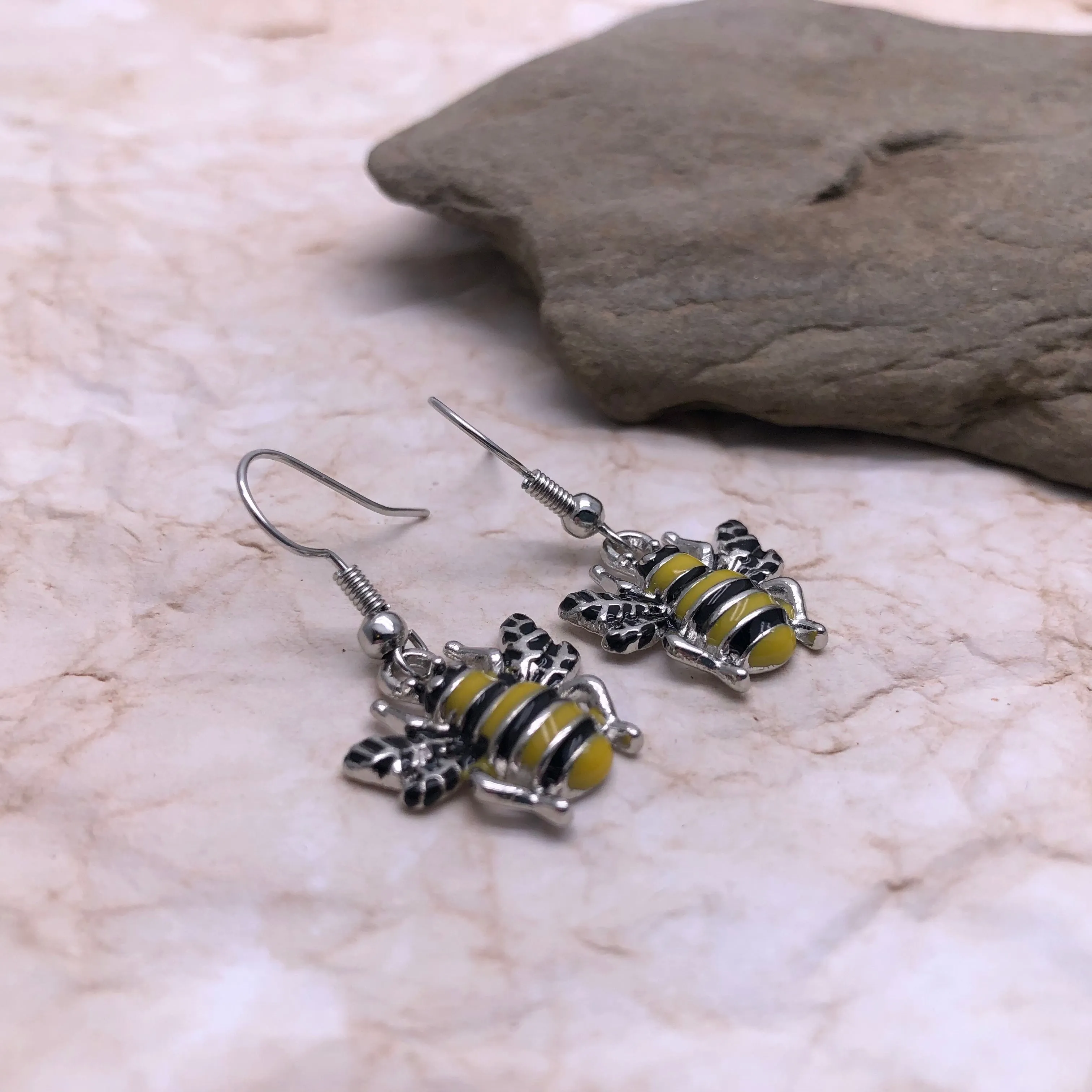 Bumble Bee Enamel Charm Silver Plated Earrings