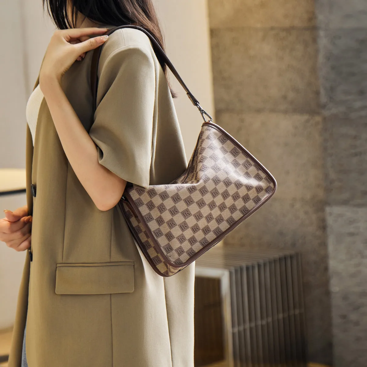 Checkerboard Monogram Khaki Shoulder Bag