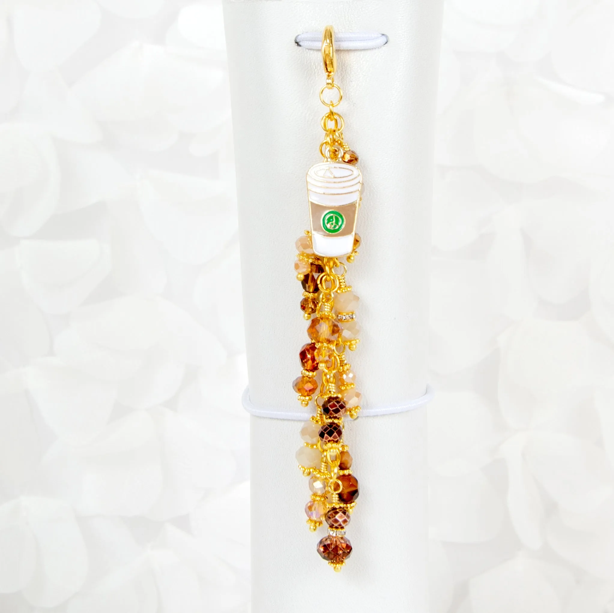 Coffee Cup Planner Charm with Dangle of Brown, Amber and Cream Crystals