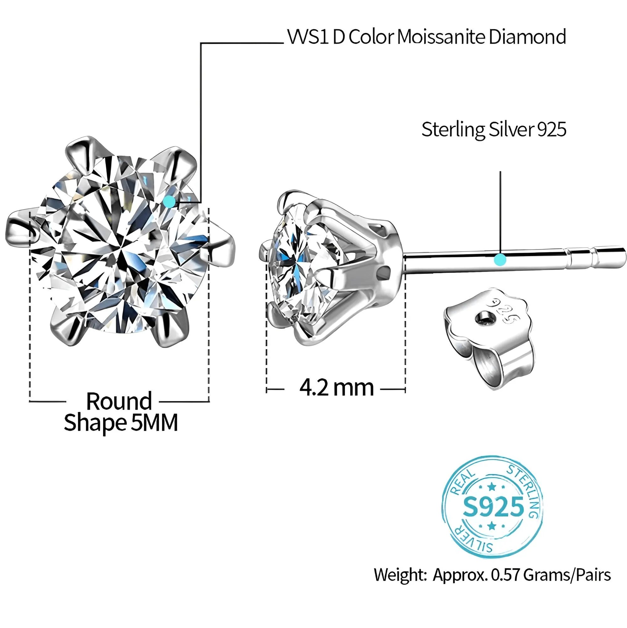 Colored Moissanite Stud Earrings 1ct D Color Ideal Cut Lab Created Diamond 18K Rose Gold Plating Earrings for Women with GRA