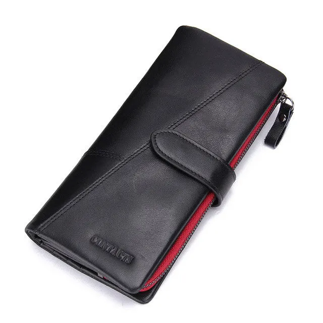 CONTACT'S Genuine Crazy Horse Cowhide Leather Men Wallets Fashion Purse With Card Holder Vintage Long Wallet Clutch Wrist Bag