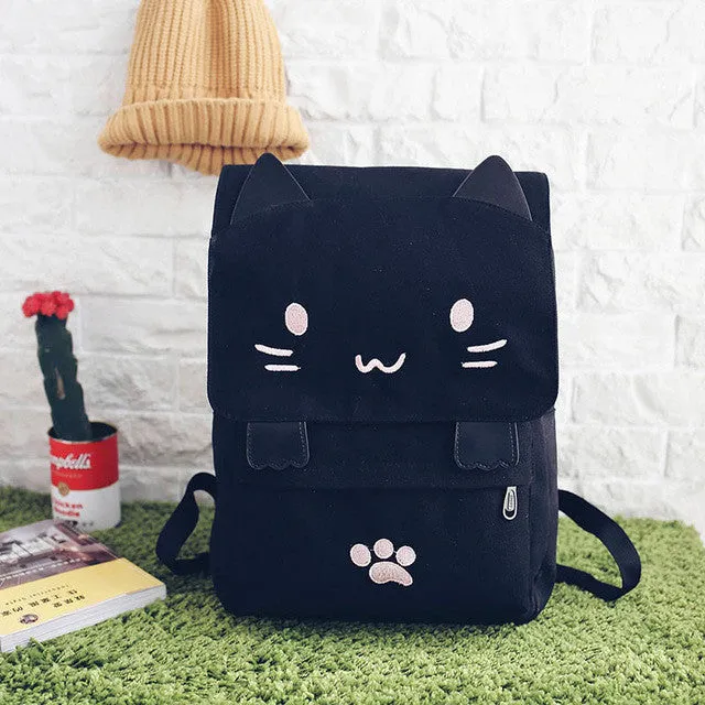 Cute Cat Canvas Backpack Cartoon Embroidery Backpacks For Teenage Girls School Bag Casual Black Printing Rucksack Mochilas XA69H