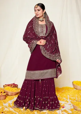 Designer Festive Wine Georgette Latest Sharara Suit