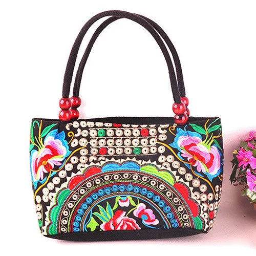 Double-Sided Canvas Flower Print Embroidery Ethnic Style Retro Handbag Small Bag