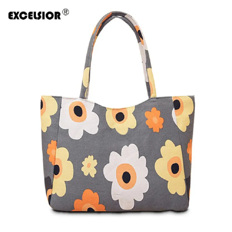 EXCELSIOR Waterproof Canvas Casual Zipper Shopping Bag Large Tote Women Handbags Floral Printed Ladies Single Shoulder Beach Bag