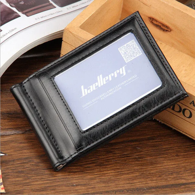 Famous brand Mini Men's leather money clip wallet with coin pocket card slots Thin purse for man magnet hasp