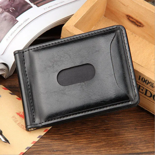 Famous brand Mini Men's leather money clip wallet with coin pocket card slots Thin purse for man magnet hasp