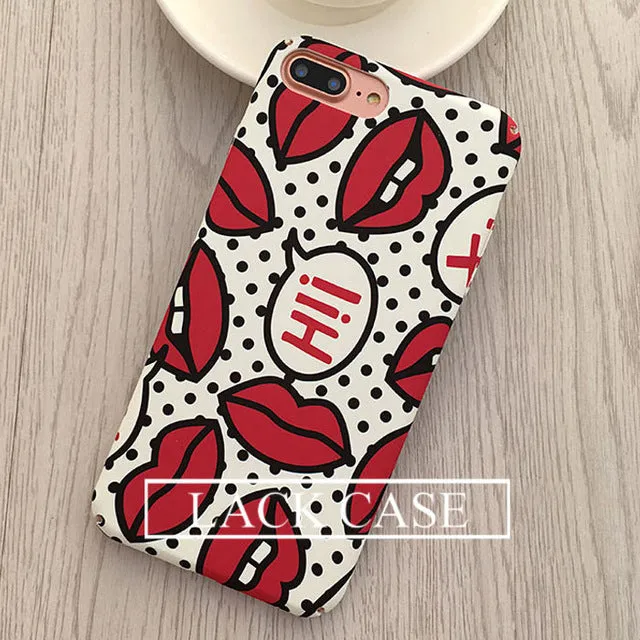 Fashion Sexy Girl Graffiti Letter  case For iphone 7 High Quality Hard PC Red Lip Wave Point Phone Cases For iphone 7 6 6s Plus