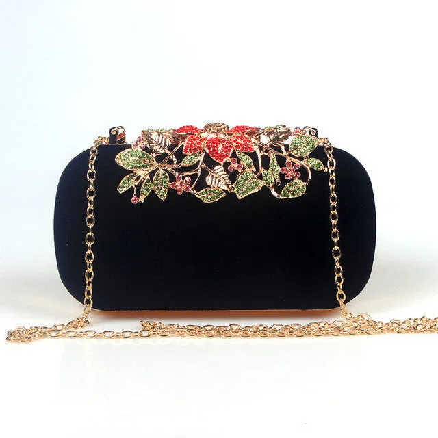 Flower Rhinestone Crystal Diamond Fashion Luxury Velour Women Day Clutch Bag Elegant Fashion Wedding Bag for Women 6 Color