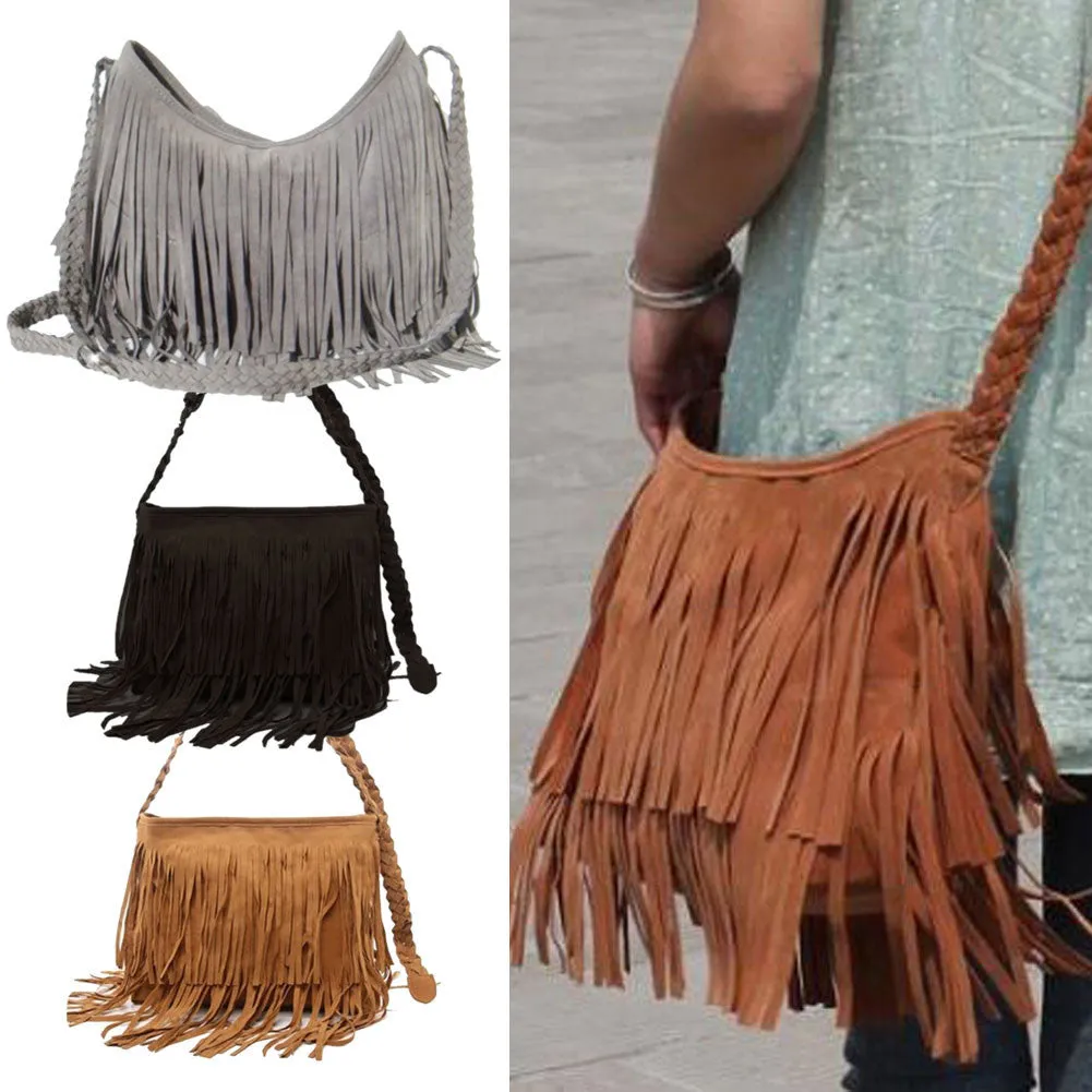 Hot Sale Fashion Women Suede Weave Tassel Shoulder Bag Messenger Bag Fringe Handbags High Quality