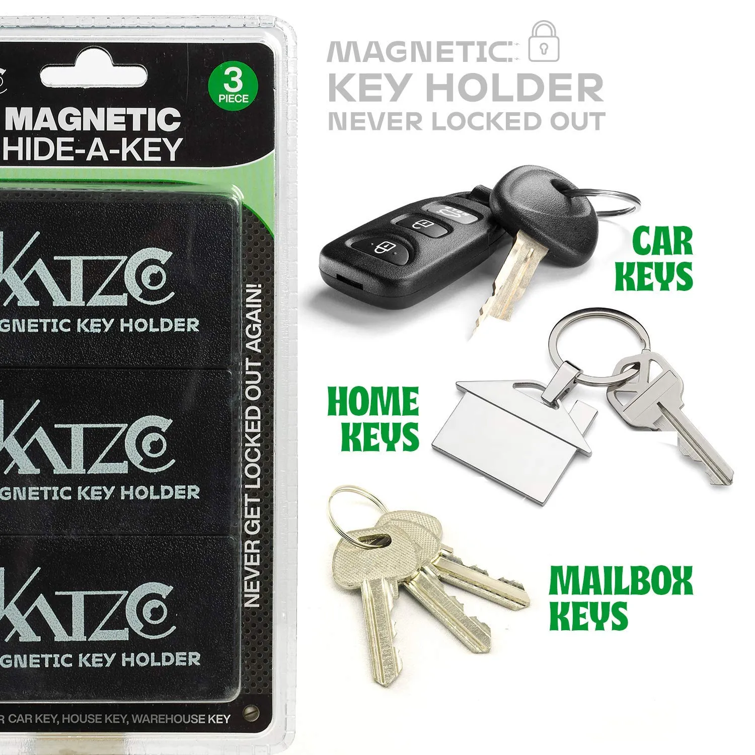 Katzco Magnetic Key Holder - 1.25 x 2.75 Inches - Rugged Black Plastic Cases with Strong Magnets