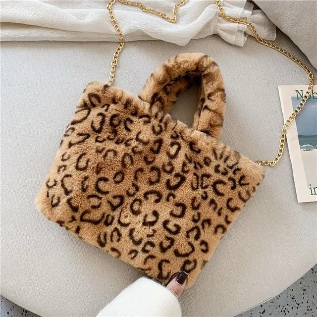 Leopard Animal Print Plush Shoulder bag/ Soft fur handbag