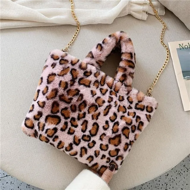 Leopard Animal Print Plush Shoulder bag/ Soft fur handbag