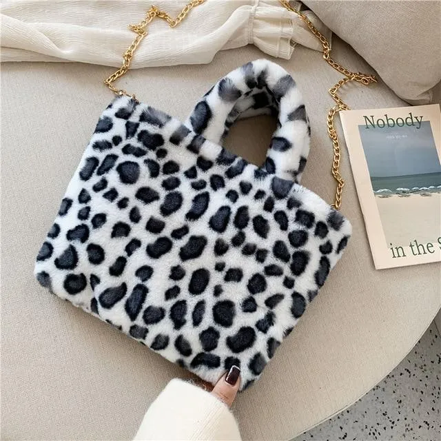 Leopard Animal Print Plush Shoulder bag/ Soft fur handbag