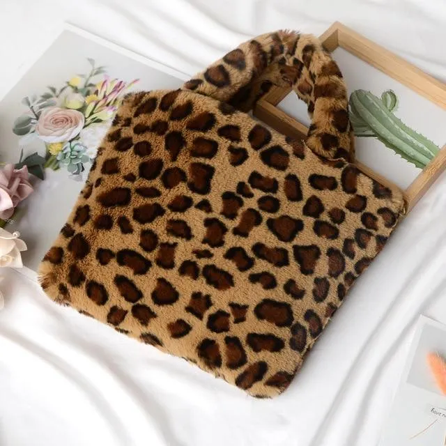 Leopard Animal Print Plush Shoulder bag/ Soft fur handbag