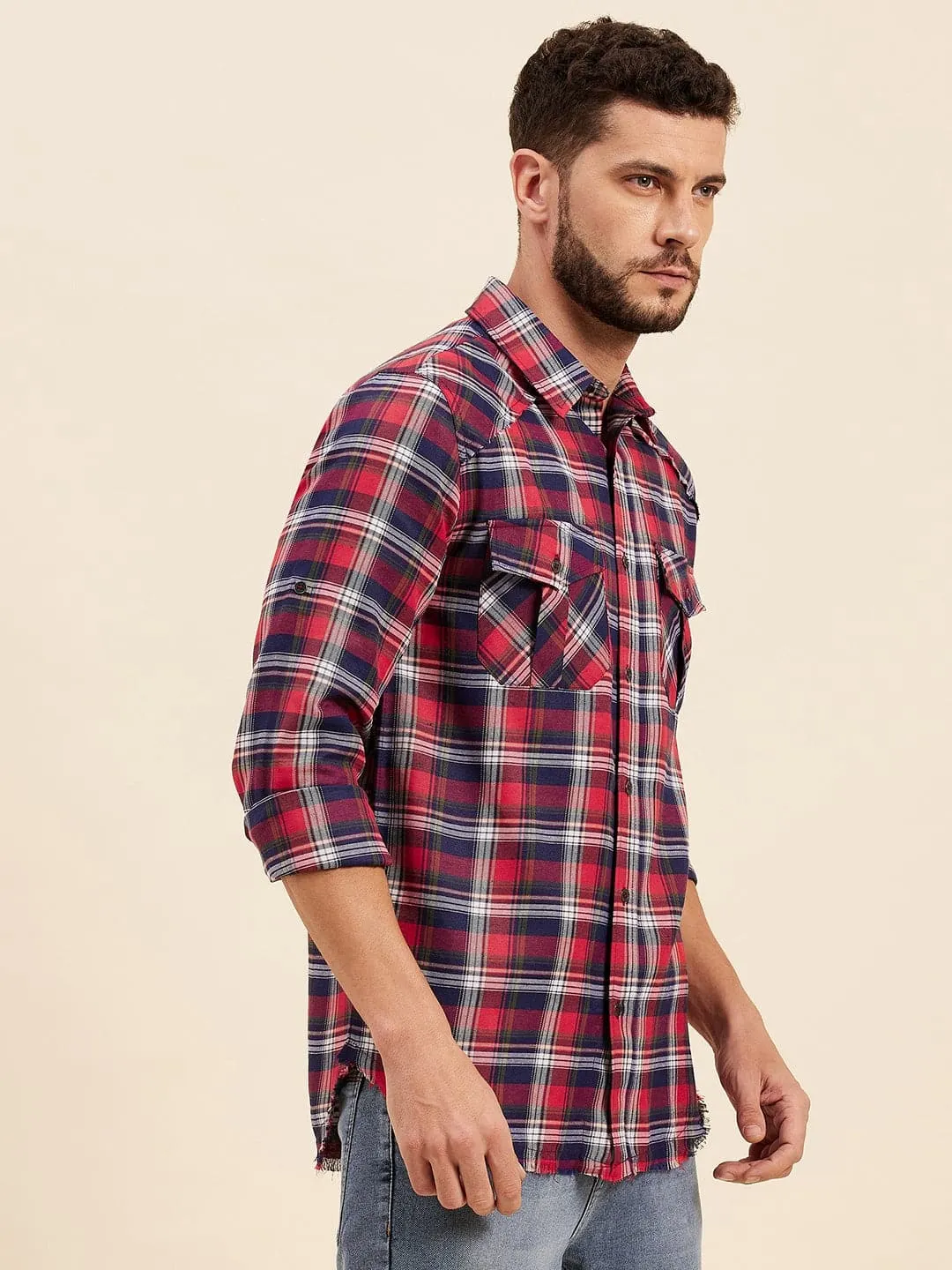 Men Red & Navy Check Shoulder Yoke Regular Shirt