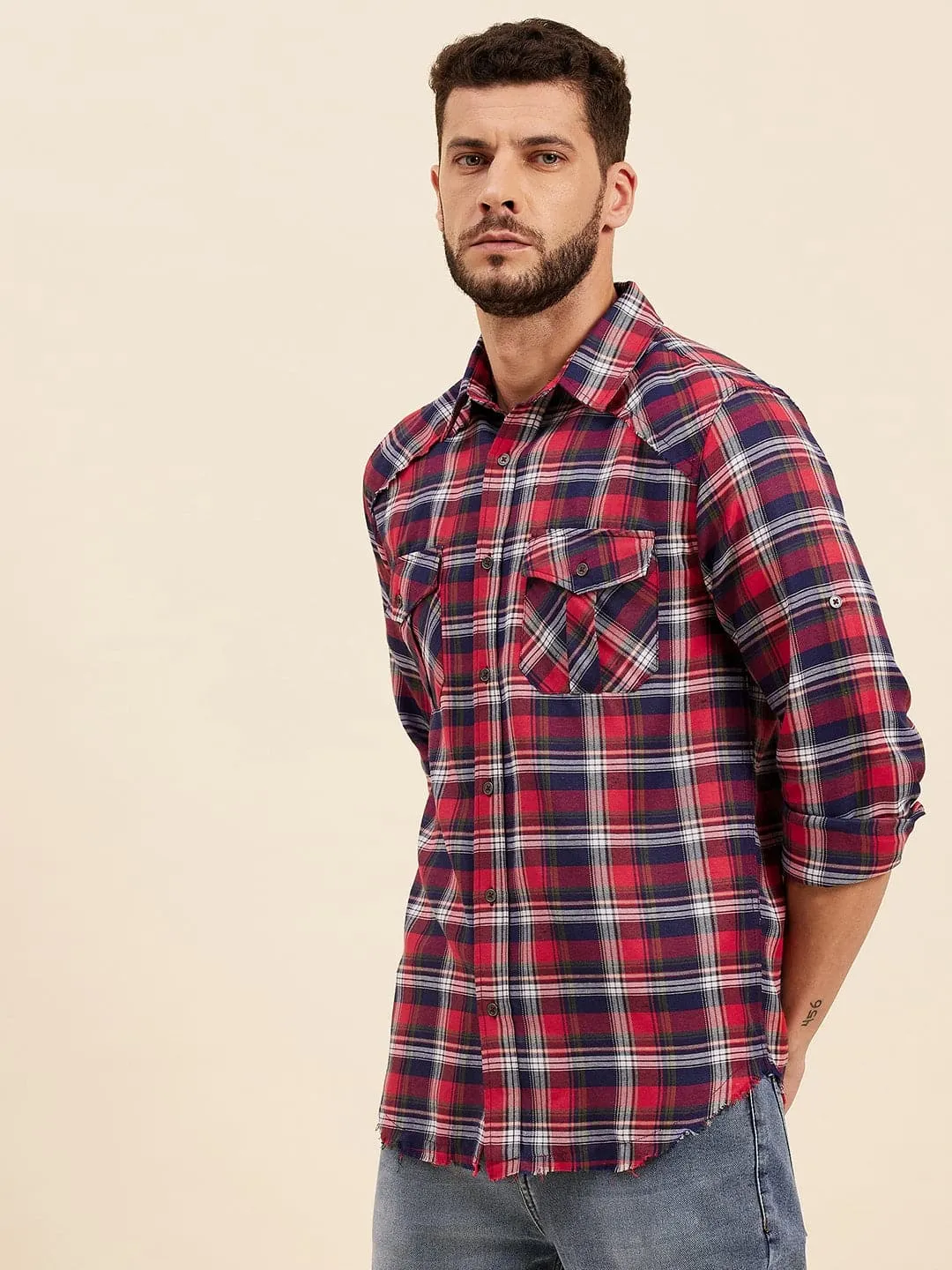 Men Red & Navy Check Shoulder Yoke Regular Shirt