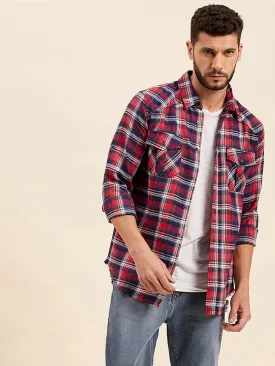 Men Red & Navy Check Shoulder Yoke Regular Shirt