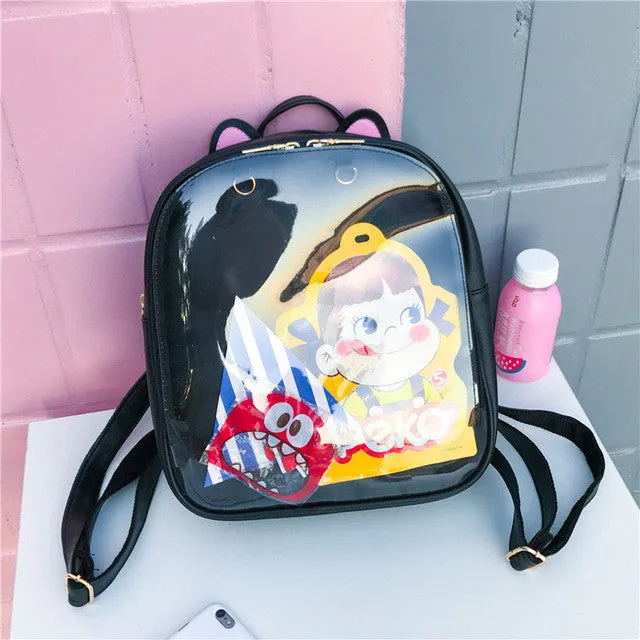 MSMO Lovely Cat Ear Leather Backpacks Candy Color Transparent Bag Women Shoulder Bags School Teenage Girls Travel Bagpack Itabag