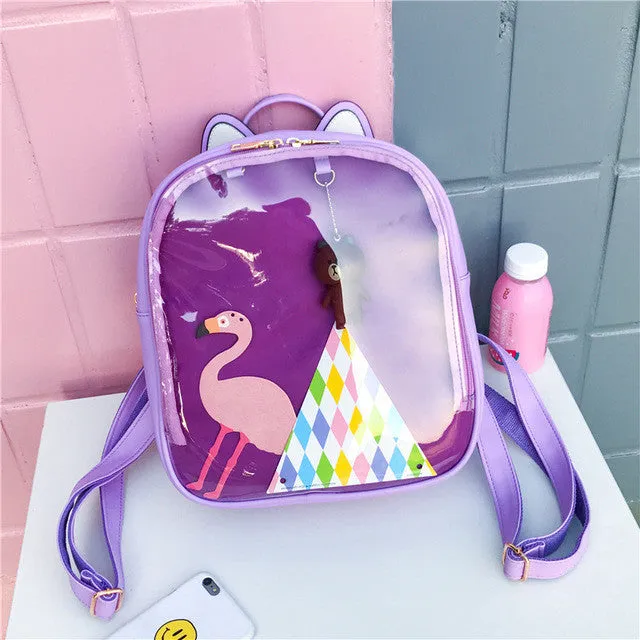 MSMO Lovely Cat Ear Leather Backpacks Candy Color Transparent Bag Women Shoulder Bags School Teenage Girls Travel Bagpack Itabag