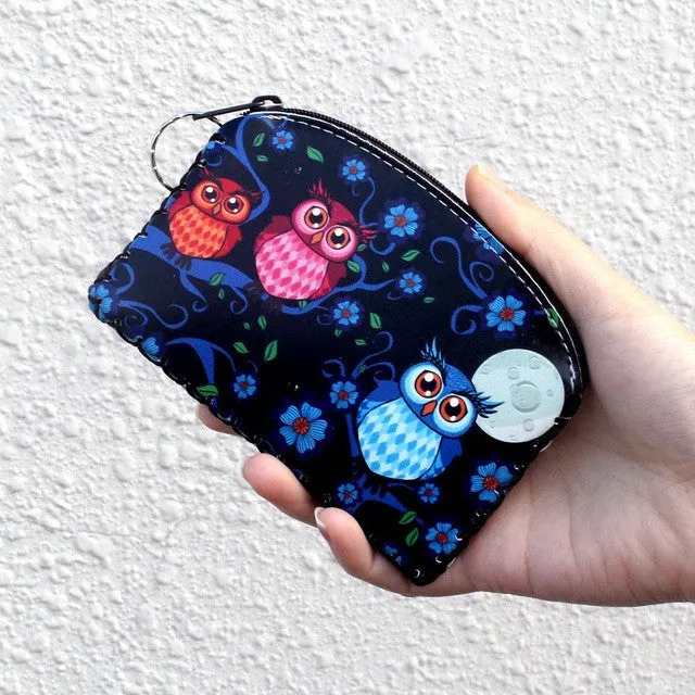 New graffiti cat elephant owl coin purse,Change purse card holder Handmade Hem wallets purse women clutch zipper coins bag pouch