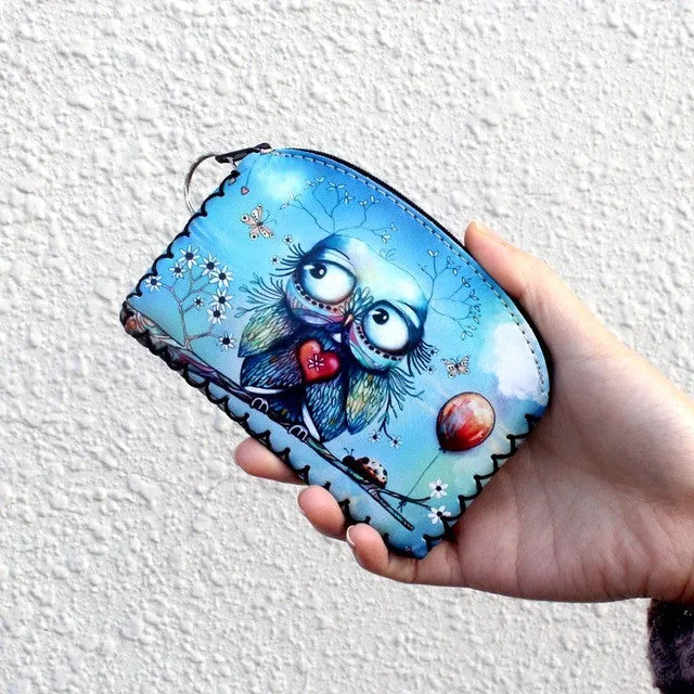 New graffiti cat elephant owl coin purse,Change purse card holder Handmade Hem wallets purse women clutch zipper coins bag pouch