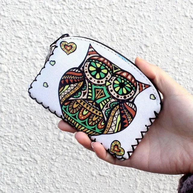 New graffiti cat elephant owl coin purse,Change purse card holder Handmade Hem wallets purse women clutch zipper coins bag pouch