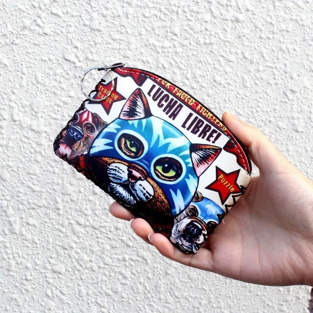 New graffiti cat elephant owl coin purse,Change purse card holder Handmade Hem wallets purse women clutch zipper coins bag pouch