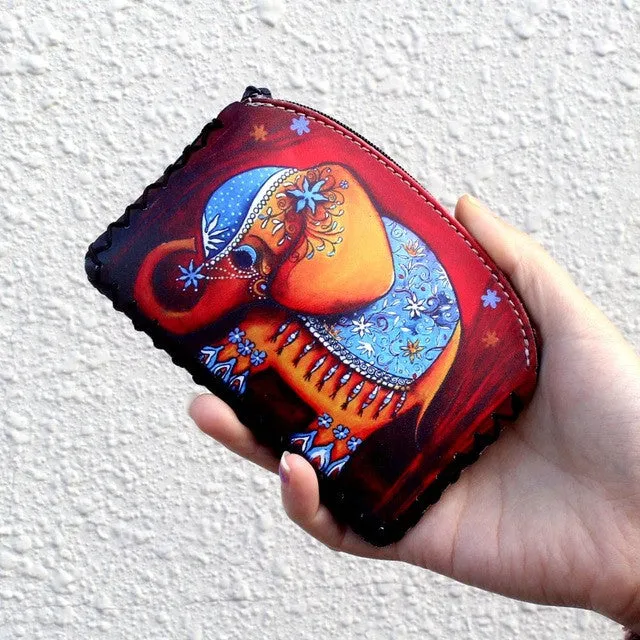 New graffiti cat elephant owl coin purse,Change purse card holder Handmade Hem wallets purse women clutch zipper coins bag pouch