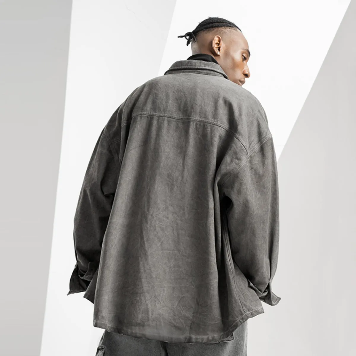 Overdyed Vintage Drop Shoulder Button Up Grey Jacket