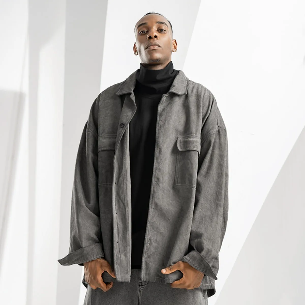 Overdyed Vintage Drop Shoulder Button Up Grey Jacket