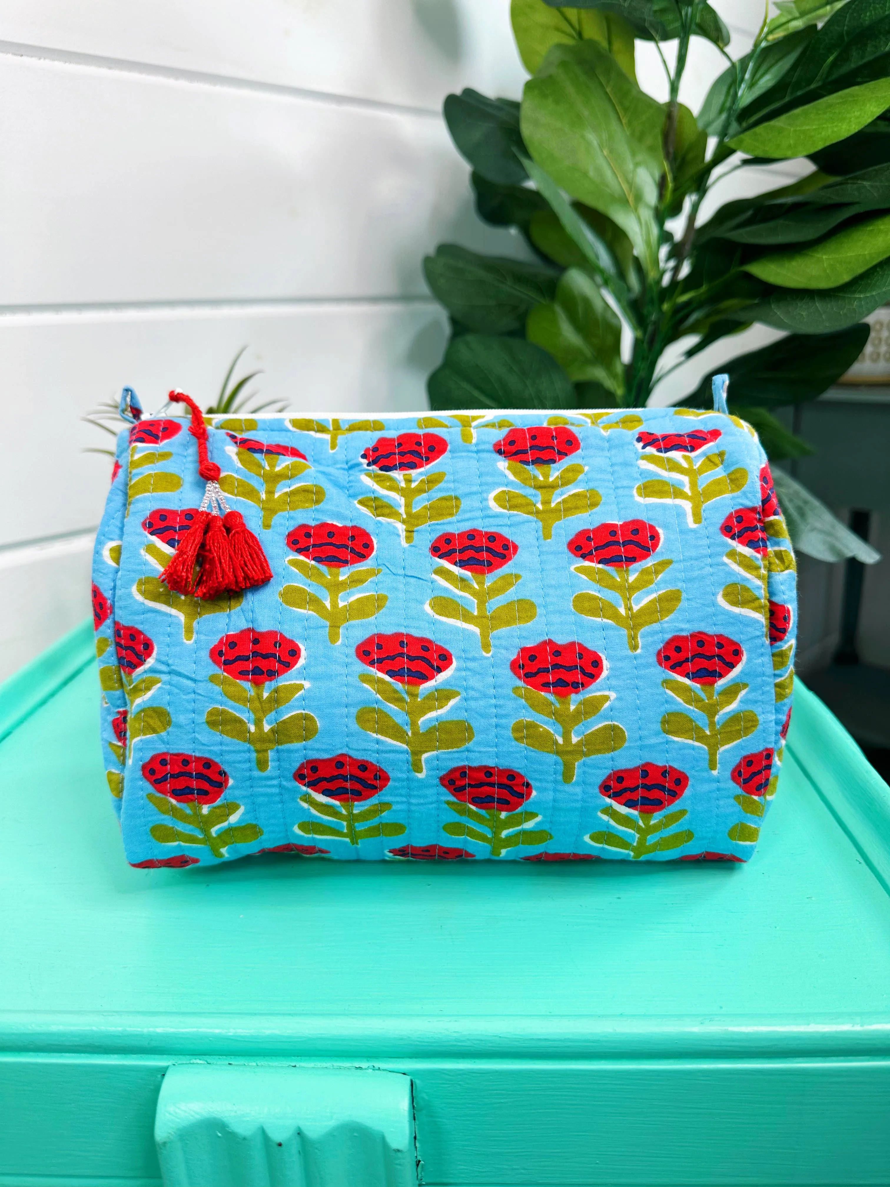 Quilted Makeup Bags | Cosmetic Toiletry Bag | Blue Floral