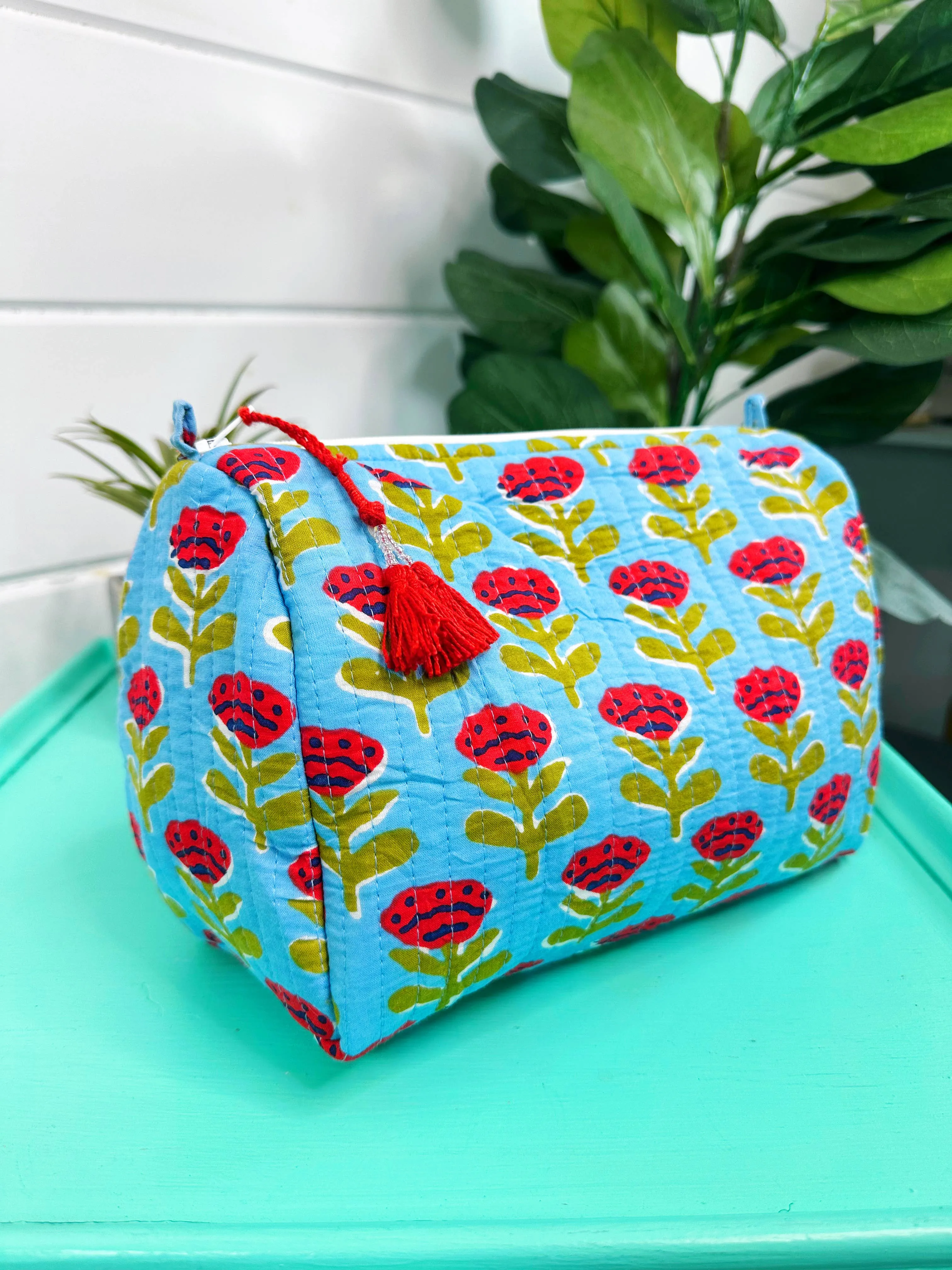 Quilted Makeup Bags | Cosmetic Toiletry Bag | Blue Floral