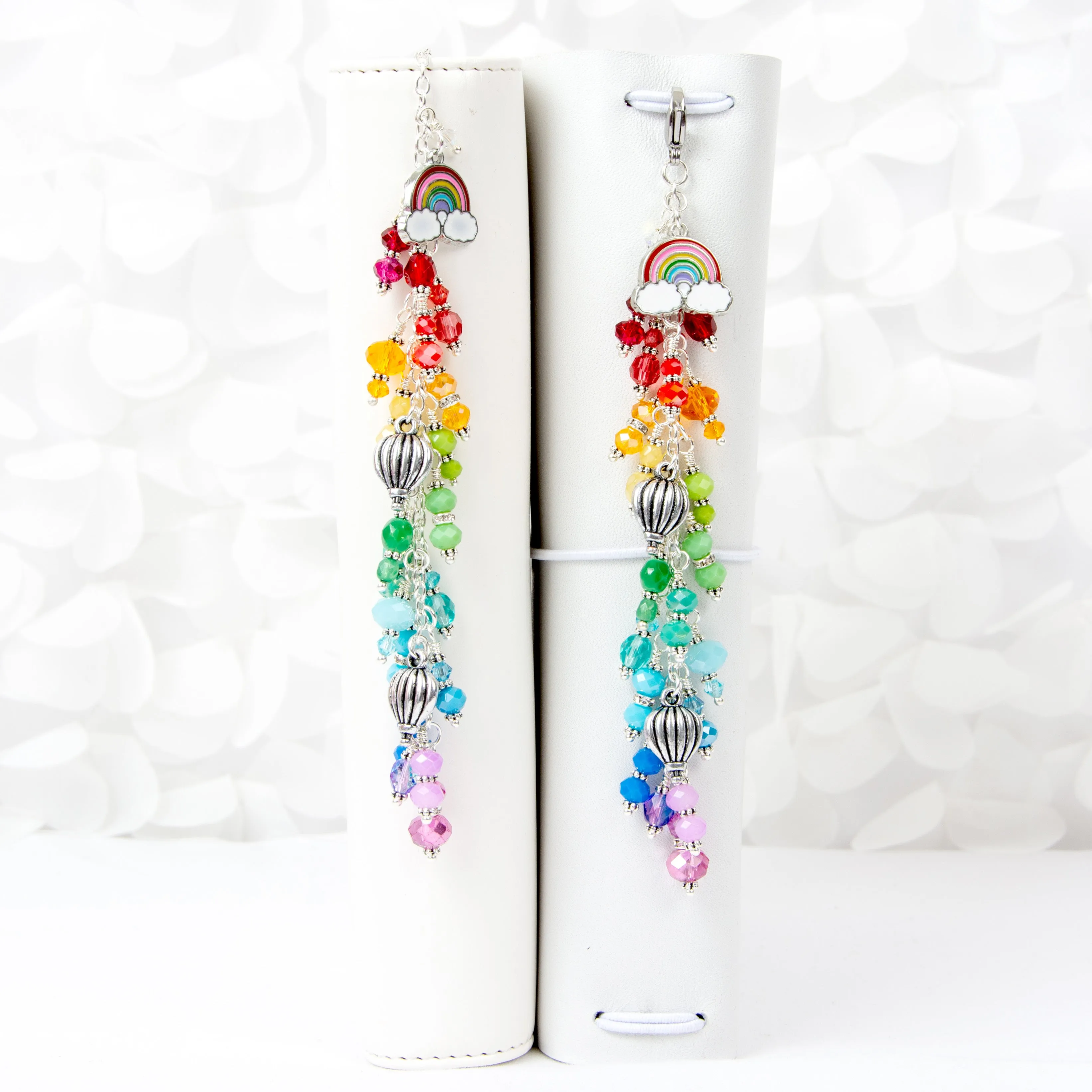 Rainbow and Hot Air Balloon Planner Charm with Rainbow Dangle and Silver Toned Hardware