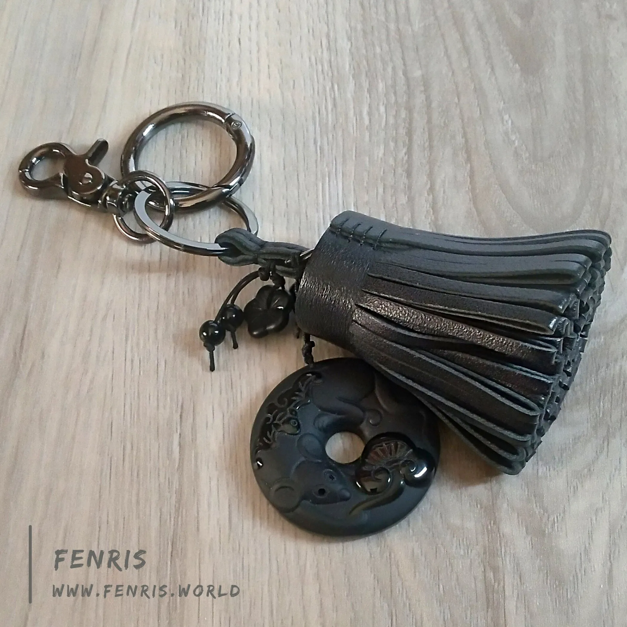 Rat Keychain Black Obsidian Leather Tassel Purse Bag Charm