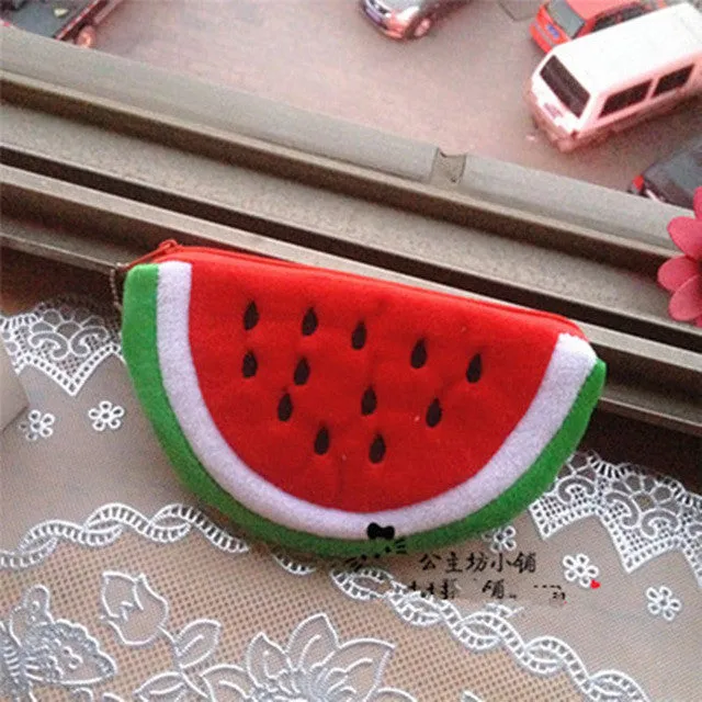 Retail girls fruit coin purses kids Plush Watermelon Strawberry ladies small wallet bag key case women handbag Card Holders