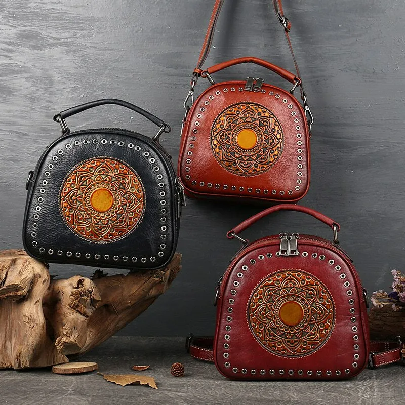 Retro Totem Women Real Leather Handbag