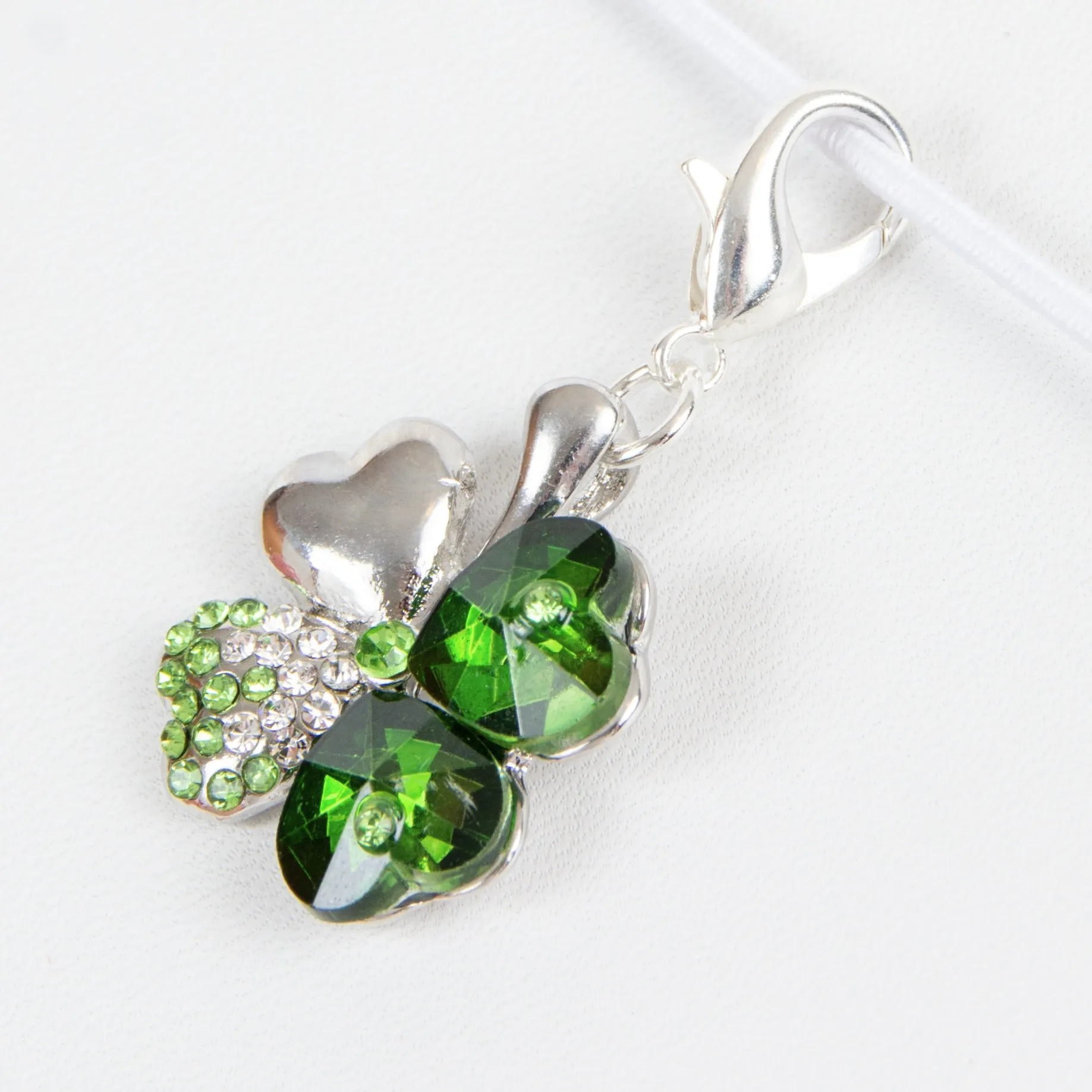 Shamrock - 4 Leaf Clover Charm with Green Heart Crystals and Rhinestone Accents